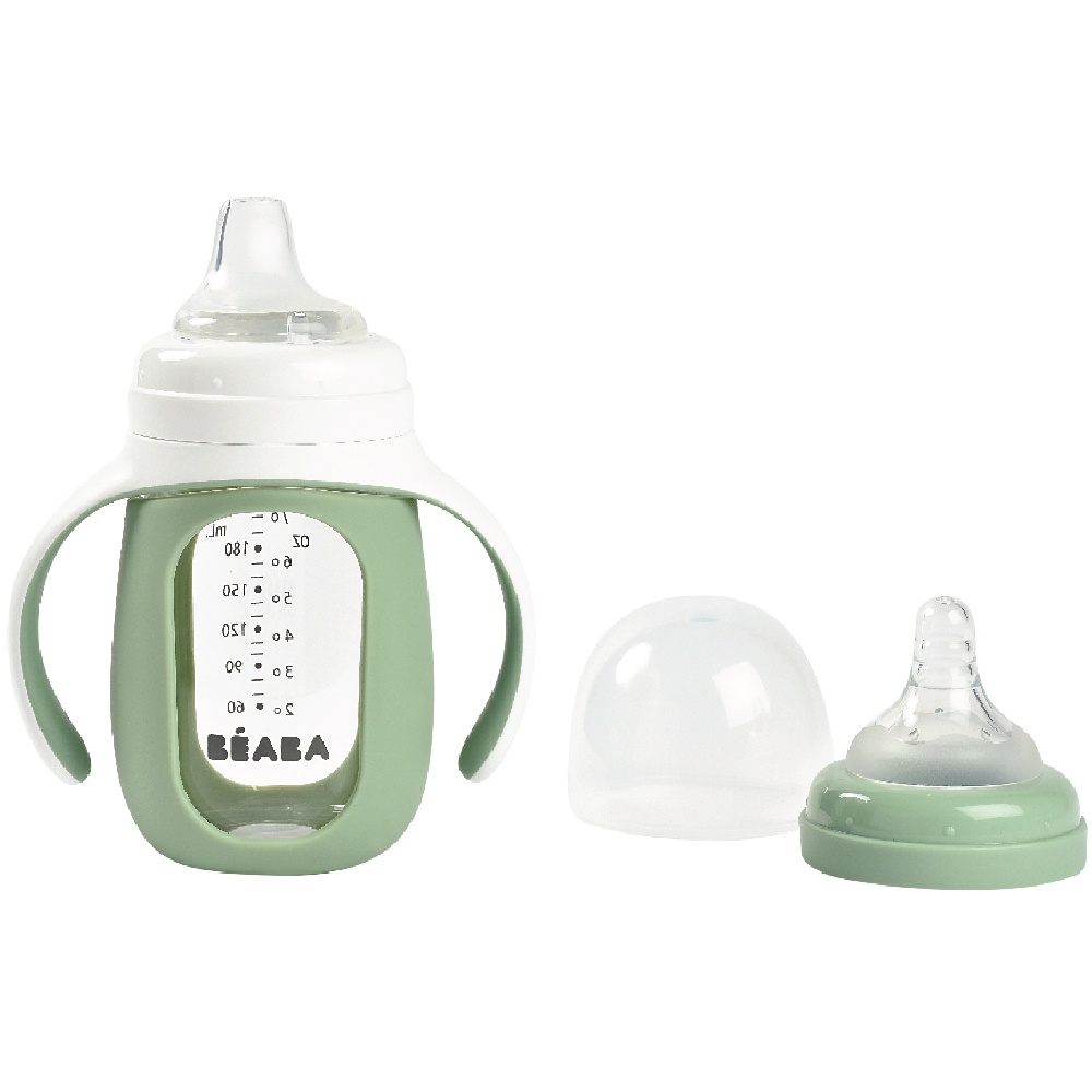 beaba-ถ้วยหัดดื่ม-2-in-1-glass-learning-bottle-210-ml-with-silicone-protective-sleeve-210-ml-frosty-green
