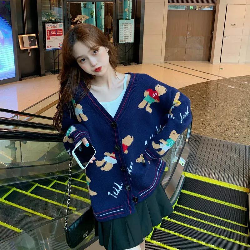 เสื้อคาร์ดิแกน-คอวี-ชนิดผ้าถัก-ทรงหลวม-สำหรับสตรี-เสื้อกันหนาวลายหมี