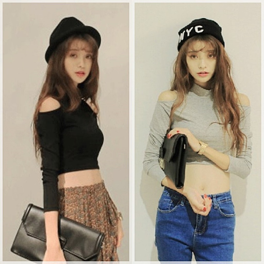 fc-พร้อมส่ง-เสื้อยืดแขนยาวคอเต่า-แต่งเปิดไหล่