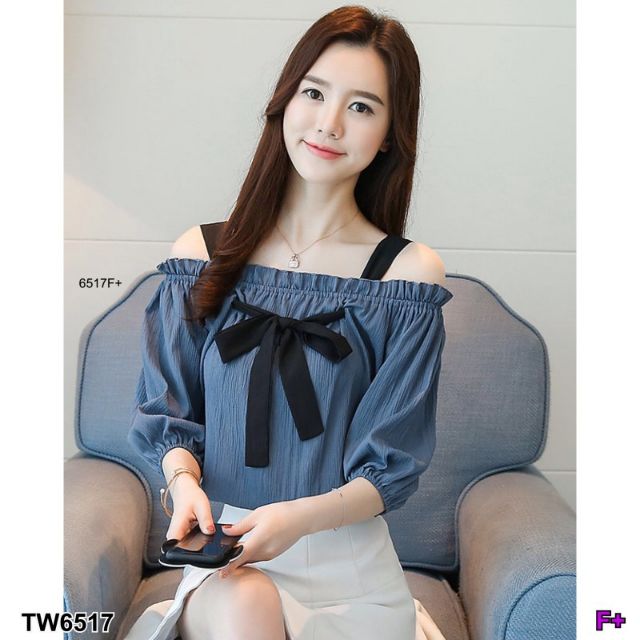 lt-tw6517-gt-set2ชิ้น-เสื้อสายเดี่ยวปาดไห่ลผูกโบว์-กระโปรงเอวสูง-เสื้อสายเดี่ยวปาดไห่ลระบาย-แบบผูกเอง