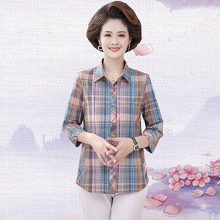 2021ผู้หญิง วัยกลางคนและผู้สูงอายุ สุดหรู ล้างน้ำ ฝ้าย ขัดแตะ เสื้อเชิ้ต สปริงตัวเมีย ชุดฤดูร้อน เจ็ดคะแนน แขนเส