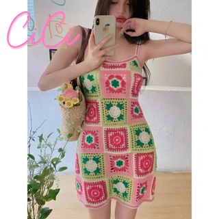 Cici ❣🇹🇭🚚พร้อมส่ง❣(NO.A688)มินิเดรสสายเดี่ยวผ้าไหมพรมถัก ทอลายดอกไม้ สลับสีตารางสีสันน่ารักสไตล์เกาหลีสุด