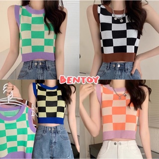 Bentoy(2671)เสื้อกล้ามไหมพรม เสื้อแขนกุดลายสก๊อต สีทูโทน คอกลมสไตล์เกาหลี