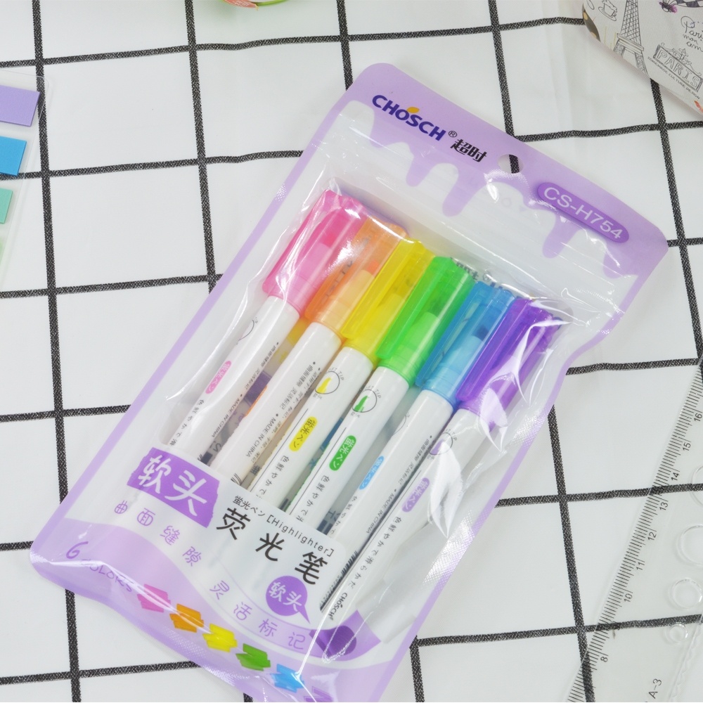 chosch-h754-highlighter-soft-tip-ไฮไลท์เน้นข้อความ-ปลายหัวนุ่ม-แพ็ค-6-ด้าม-เครื่องเขียน-ปากกาเน้นข้อความ-ไฮไลท์-school
