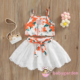 Babygarden- ชุดเด็กผู้หญิง พิมพ์ลายดอกไม้ สายสปาเก็ตตี้ เย็บปะติดปะต่อกัน ยกทรง + กระโปรง สีพื้น กลวง พร้อมเข็มขัด