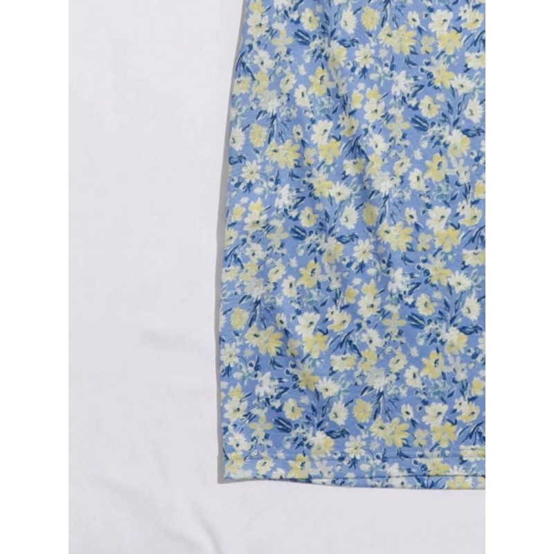 พร้อมส่ง-เดรสลายดอกไม้สีฟ้าน่ารัก