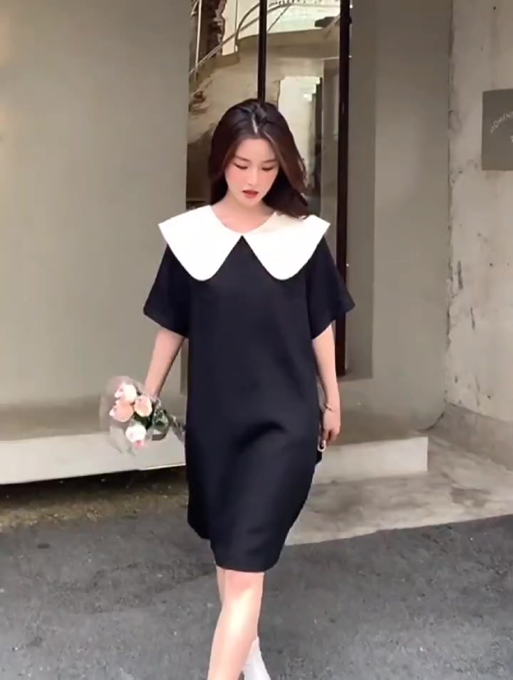 เดรสเเฟชั่นสีดำ-ขาว-เดรสมีโบว์-เดรสแฟชั่นฤดูร้อน-เดรสคอปกตุ๊กตา-ทรงหลวม-สีดำ