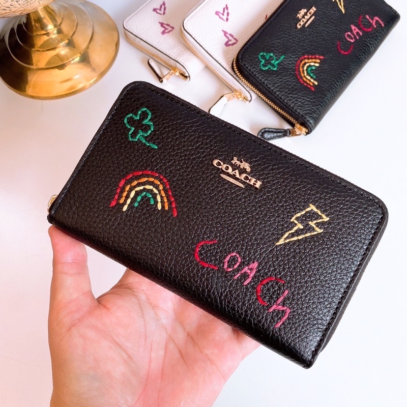 NEW COACH MEDIUM ID ZIP WALLET WITH DIARY EMBROIDERY GOLD/BLACK MULTI