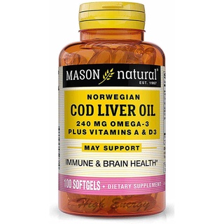 ภาพขนาดย่อของภาพหน้าปกสินค้าMason Natural, NORWEGIAN COD LIVER OIL Plus Vitamins A & D3, 100 Softgels จากร้าน high_energy บน Shopee