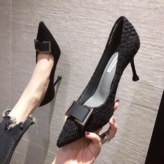 ภาพขนาดย่อของสินค้ารองเท้าส้นสูงทำงานแฟชั่นเกาหลีสำหรับผู้หญิงรองเท้าส้นเข็มแหลมตื้น 3 สีแบบฝรั่งเศสสีเหลืองและสีดำ
