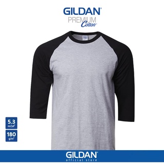 สินค้า GILDAN® เสื้อยืดไหล่สโลป แขนสามส่วน - ตัวเทาอ่อน แขนดำ