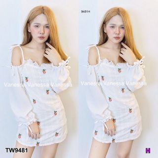 &lt;TW9481&gt;เดรสสั้น ผูกไหล่ ผ้าลูกไม้ฉลุ ปักลายดอกไม้ ใส่สบาย