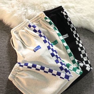 Checkerboard Stitching Pants Womens Autumn and Winter New Style Loose Street Drawstring Elastic Waist Couple Trousers