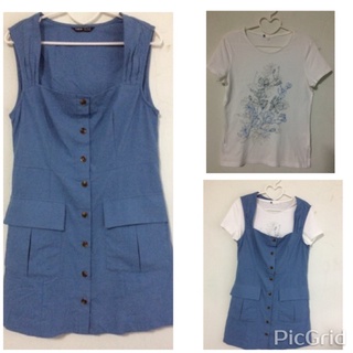 SHEIN เดรสพื้นสั้นแขนกุด+เสื้อยืดขาว A||Z
