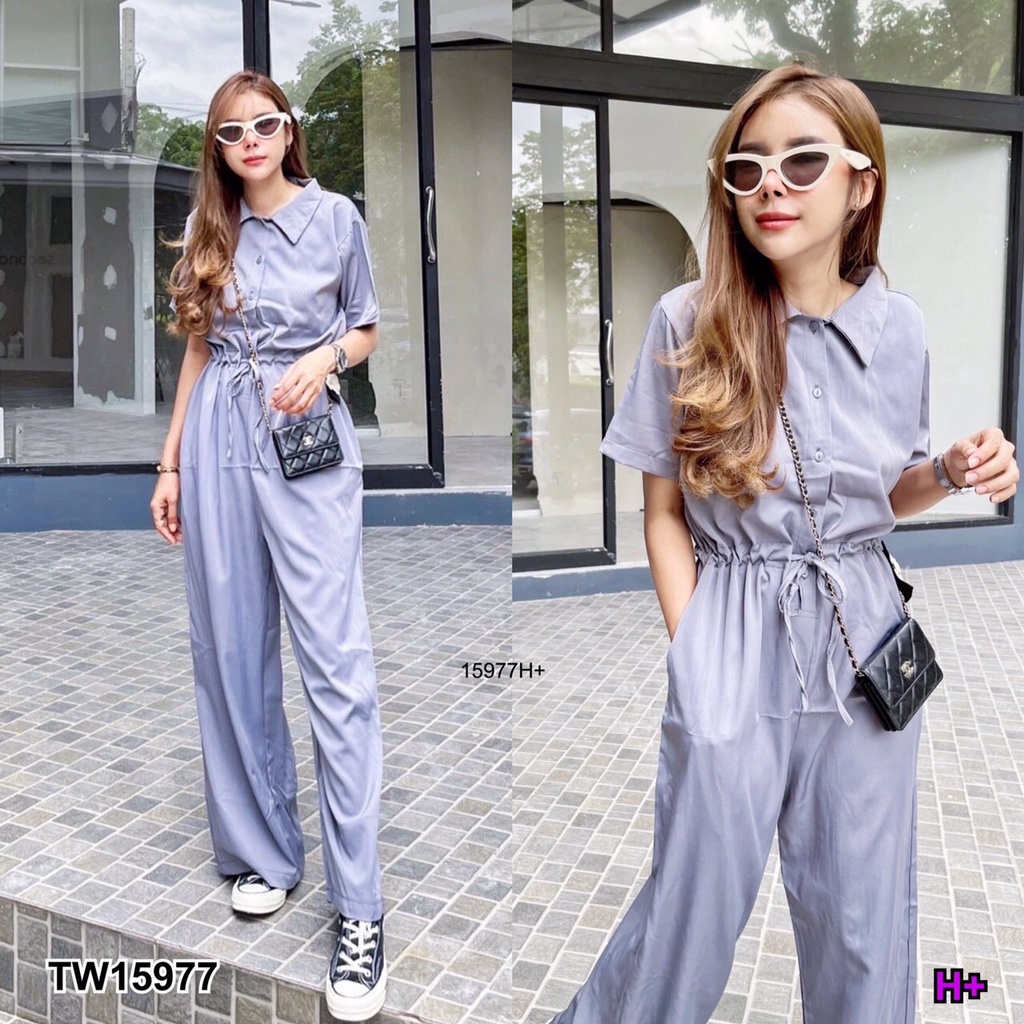 tw15977-jumpsuit-slippery-จั้มสูทขายาว-คอปก-แต่งกระดุมหน้า-ช่วงเอวใส่เชือกรูดเอว-รูดได้จริง-มีกระเป๋าล้วงข้าง