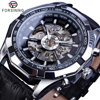Forsining Brand Mechanical Watch Men Skeleton Steampunk Hand Wind Movement Black Genuine Leather Wrist Watches Reloj Hom