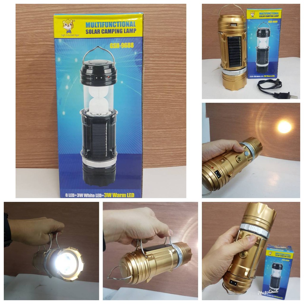ตะเกียงไฟฉาย ไฟฉาย ไฟแคมป์ปิ้ง GSH-9688 Camping Lamp Solar Zoom 8LED+3W ...