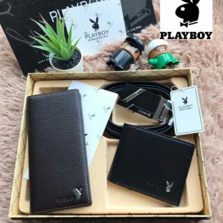 💕 Playboy mens belt wallet gift box leather suit leather automatic buckle belt ชุดเซ็ต 3 ชิ้น