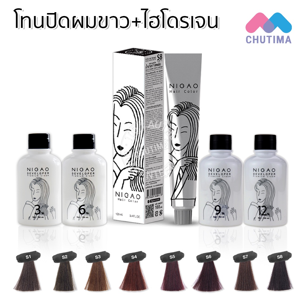 ภาพหน้าปกสินค้าสีย้อมผม ปิดผมขาว นิกาโอะ แฮร์ คัลเลอร์  แถมไฮโดรเจน Nigao Hair Color 100 ml.