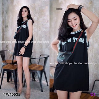 TW10035 Dress เดรสเสื้อกล้าม แต่งขอบคอกับแขนลายทาง เนื้อผ้า Sport Micro สกรีน NEW YORK หน้าอก สวมใส่สบาย พร้อมส่งจร้า