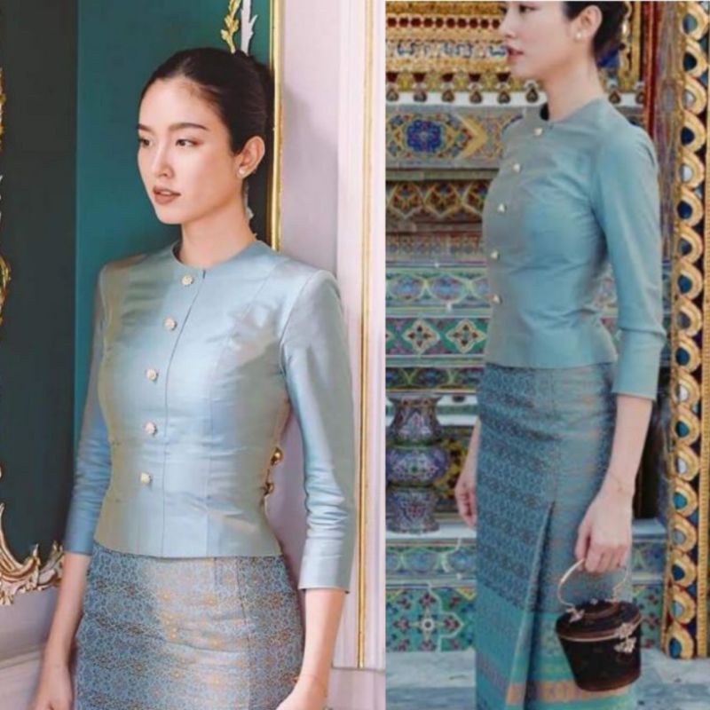 ชุดไทยจิตรลดาสีฟ้า ผ้าไหมแพรวา รับตัดทุกไซส์ สวยหรูดูแพง ใส่ได้ทุกงานมงคล มุมมองที่ 4