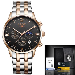 Mens Watches Top Brand Luxury LIGE Moon Phase full steel Watch Man Business Fashion Quartz Watches