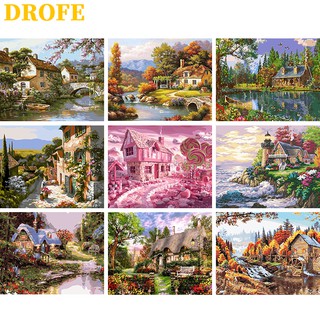 สินค้า DROFE ภาพระบายสีตามตัวเลข รูปบ้านในชนบท สำหรับตกแต่งบ้าน ของขวัญ DIY ขนาด 50X40 ซม.