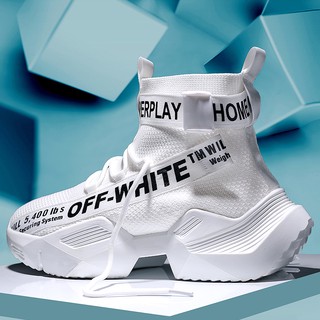 สินค้า hchai shop 【Ready Stock】Summer New Style Off White Shoes Men High Top Sneakers Casual Street Shoes Breathable Air Mesh Soft Sole Sport Shoes