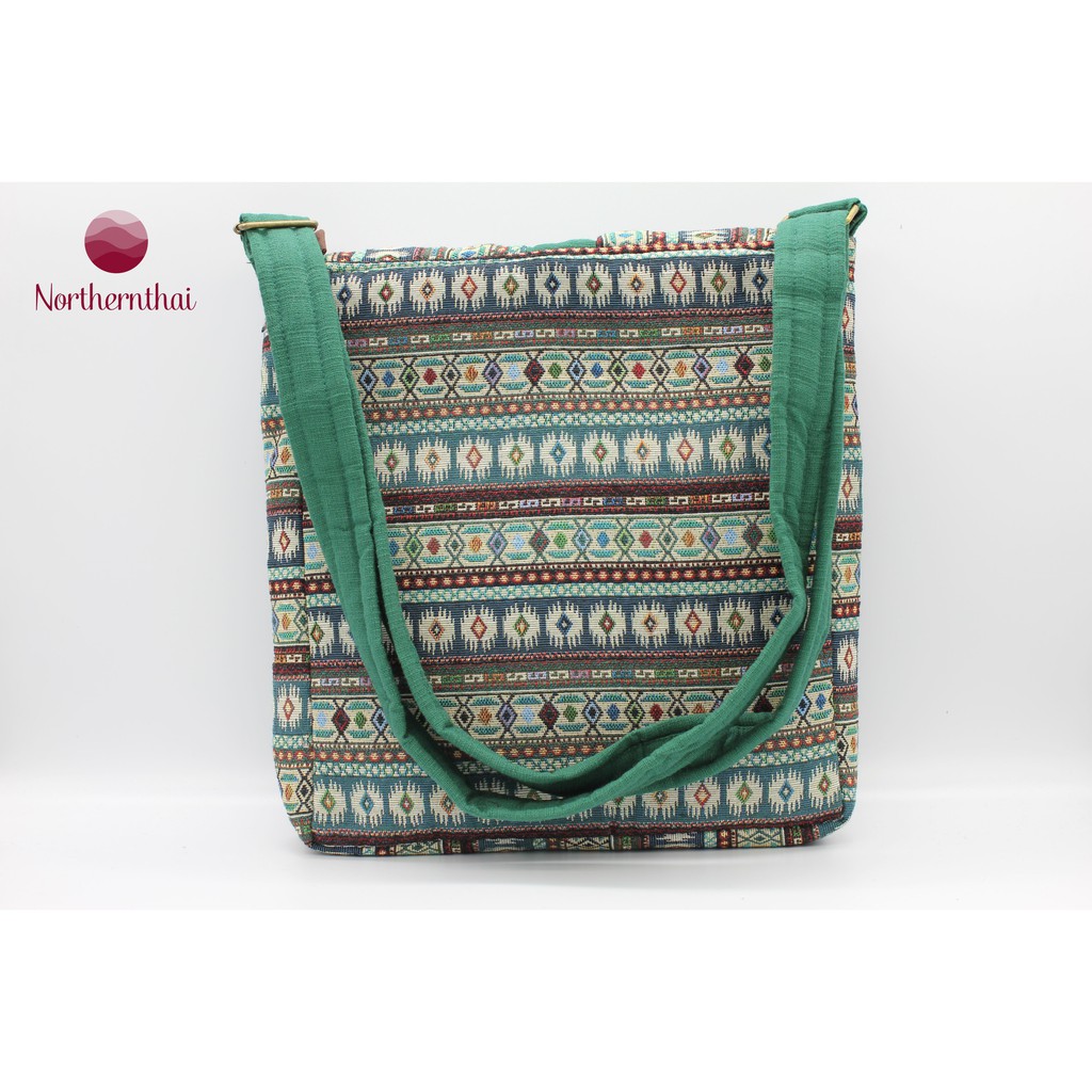 กระเป๋าสะพายข้างฝาปิด-ลายผ้าเมือง-โทนสีเขียว-ฝ้ายแท้-100-คุณภาพดี-น้ำหนักเบา-กระเป๋าแฟชั่นวินเทจ-northernthai
