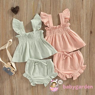 Babygarden-0-3years ชุดเสื้อแขนสั้น คอสี่เหลี่ยม และกางเกงขาสั้น แต่งระบาย สีพื้น แฟชั่นฤดูร้อน สําหรับเด็กผู้หญิง