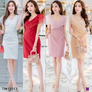 PE18013 Dress เดรสคอวี แขนกุด อกแต่งระบาย