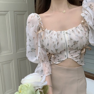 เสื้อยืดแขนสั้น แขนพัฟ ผ้าชีฟอง พิมพ์ลายดอกไม้ สําหรับผู้หญิง