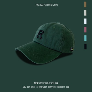 หมวกแก็ปตัวอักษร R ตัวใหญ่สไตล์ญี่ปุ่น หมวกแก๊ปเบสบอลสีเขียวเข้มเวอร์ชั่นเกาหลี