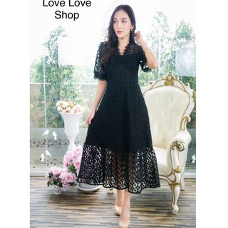 เดรสดำออกงาน!!! M-L Maxi Dress เดรสดำคอวีผ้าปักลายแต่งระบายลูกไม้ งานป้าย Love love