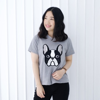 เสื้อครอป Crop แขนสั้น คอปีน งานปัก ลาย French Bulldog ผ้านิ่ม COTTON 100%