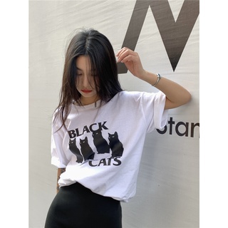 เสื้อยืดคอกลม ผ้าฝ้ายแท้ พิมพ์ลายแมว ทรงหลวม เข้ากับทุกการแต่งกาย 49911