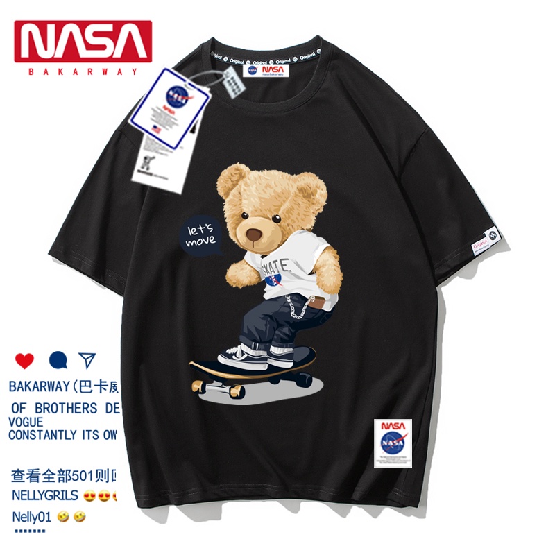 เสื้อโอเวอร์ไซ-j7ajผ้าแขนเสื้อยืดผ้าฝ้ายสั้นพิมพ์การ์ตูนรูปแบบนักบินอวกาศนาซาหลวมพอดีขนาดใหญ่พิเศ