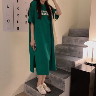ชุดเดรสแม็กซี่ยาว คอกลม แขนสั้น มีกระเป๋า ทรงหลวม สไตล์เกาหลี แฟชั่นฤดูร้อน สําหรับผู้หญิง