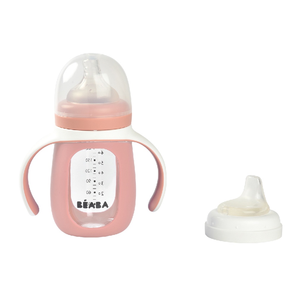 beaba-ขวดแก้วหัดดื่ม-2-in-1-glass-learning-bottle-210-ml-with-silicone-protective-sleeve-vintage-pink