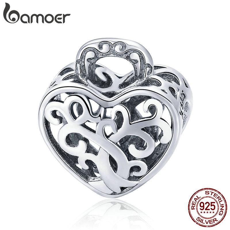 BAMOER Openwork Tree Leaves Heart Beads fit Women Charm Bracelets Necklaces DIY 925 Sterling Silver SCC726