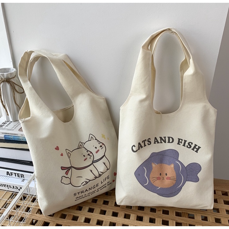 กระเป๋าผ้า-dog-cat-fish-พร้อมส่ง