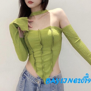 BAY-Women’s Casual Long Sleeve T-shirt Fashion Solid Color Boat Neck Exposed Navel Halter Tops