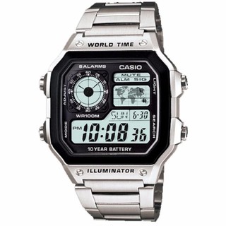สินค้า CASIO Standard นาฬิกาข้อมือผู้ชาย สีเงิน/ดำ สายสแตนเลส รุ่น AE-1200WHD-1AVDF