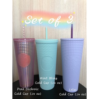 Starbucks set of 3 Cold Cup 24 oz (Pink,Mint,Lilac) สตาร์บัคส์แก้วหนาม เซ็ต 3 ชิ้น (ชมพู มินท์ ม่วง) ของแท้ 100%