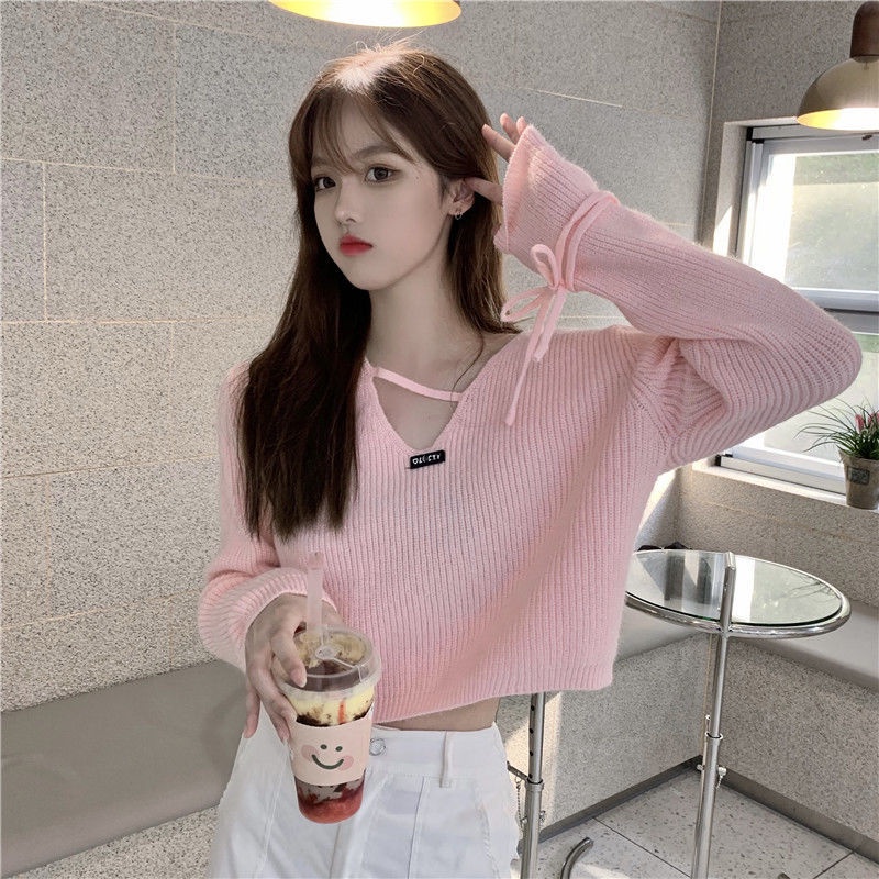 ญี่ปุ่นย้อนยุคคอวีฤดูใบไม้ร่วงและฤดูหนาวเสื้อแขนยาวผู้หญิงระวังเครื่องเบาผู้ใหญ่ลูกไม้ขึ้นสั้นออกแบบถักเสื้อกันหนาวเก๋