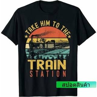 ROUND คอลูกเรือแฟชั่น เสื้อยืดคอกลม ผ้าฝ้าย พิมพ์ลาย Take Him To The Train Station สไตล์วินเทจ คลาสสิก แฟชั่นสําหรับผู้ช