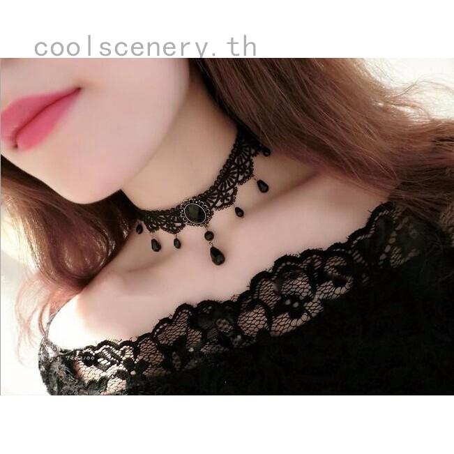 Ladies Vintage Palace Gothic Choker Crystal Pendant Design Black Lace Necklace Clavicle Chain (Color: Black)