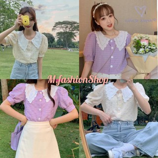 💫*พร้อมส่ง*🍑เสื้อคอปกฉลุ แขนตุ๊กตากระดุมหน้า ใส้สบายมาก