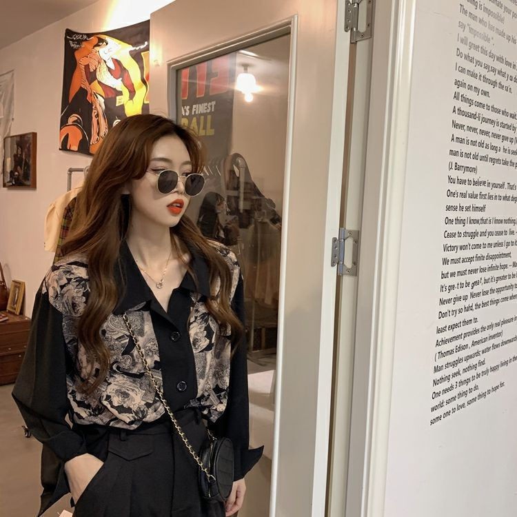 มีสินค้า-พิมพ์ย้อนยุคยอดนิยมเกาหลีเย็บเสื้ออารมณ์เสื้อแขนยาว