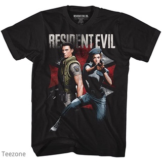 เสื้อยืดผู้ เสื้อยืดคอกลม แขนสั้น ผ้าฝ้าย พิมพ์ลาย Resident Evil Horror Science Fiction Video Game Chris and Jill แฟชั่น